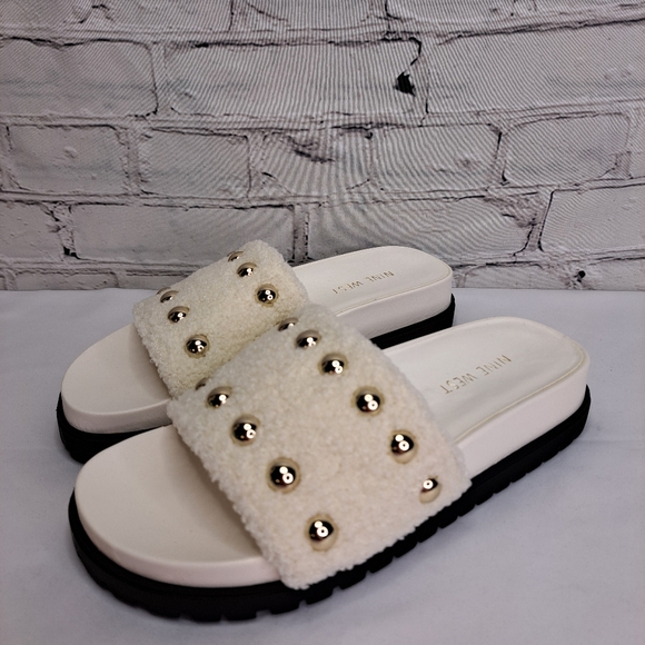 NINE WEST 'FREELY' SHEARLING & STUDDED SLIP ON SANDALS - Picture 3 of 14